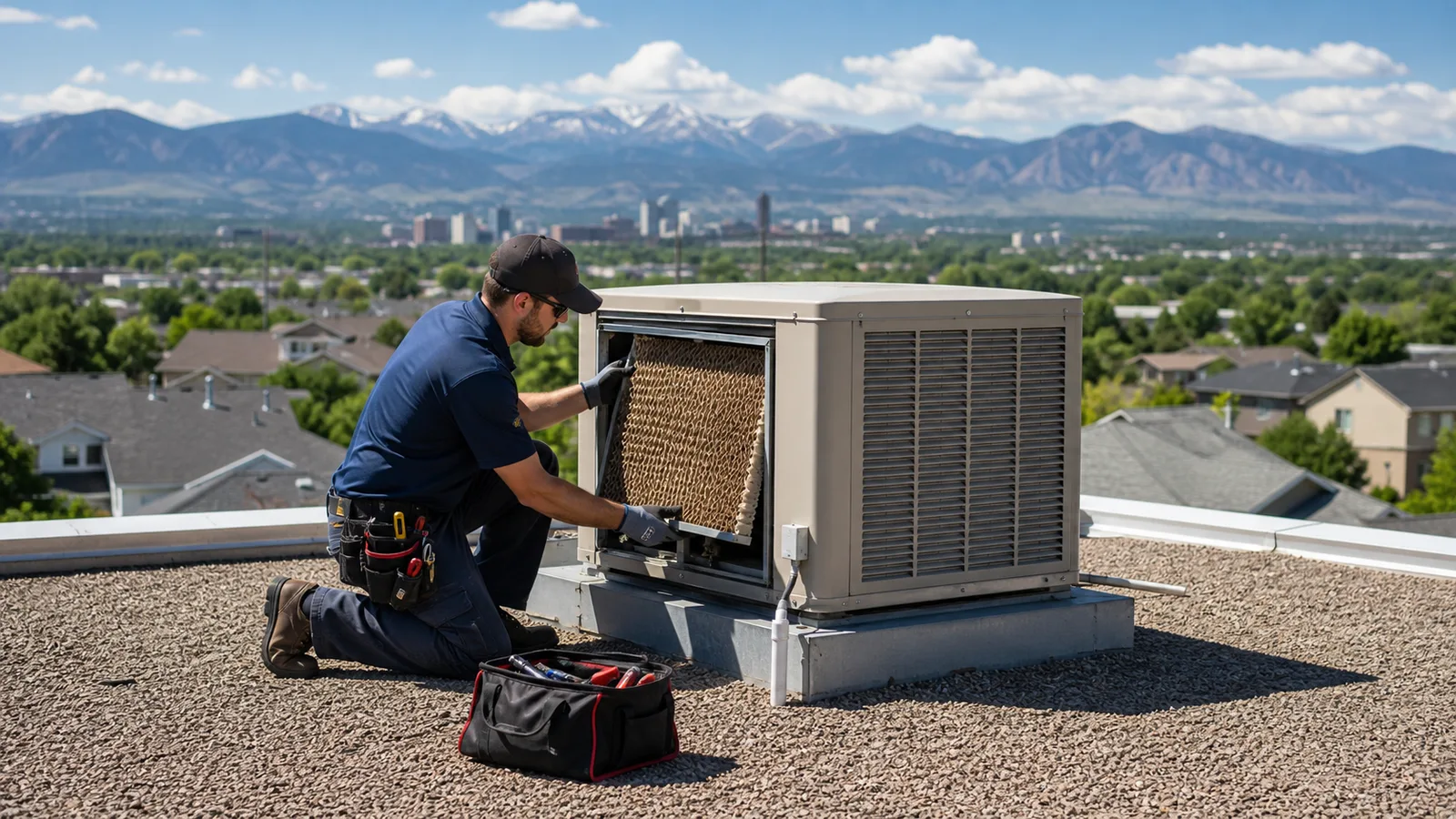 Technician servicing a rooftop evaporative cooler for a Denver, CO swamp cooler service request
