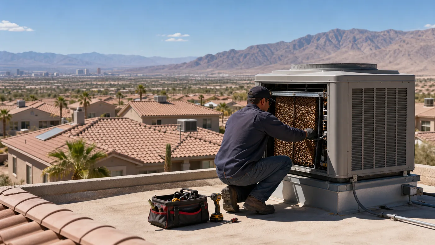 Technician servicing a rooftop evaporative cooler for a Henderson, NV swamp cooler service request