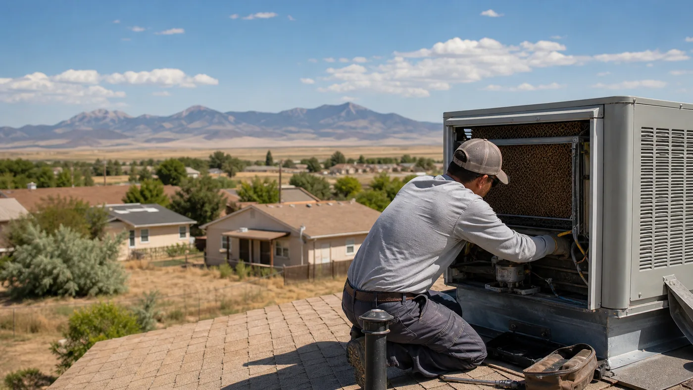 Technician servicing a rooftop evaporative cooler for a Pueblo, CO swamp cooler service request