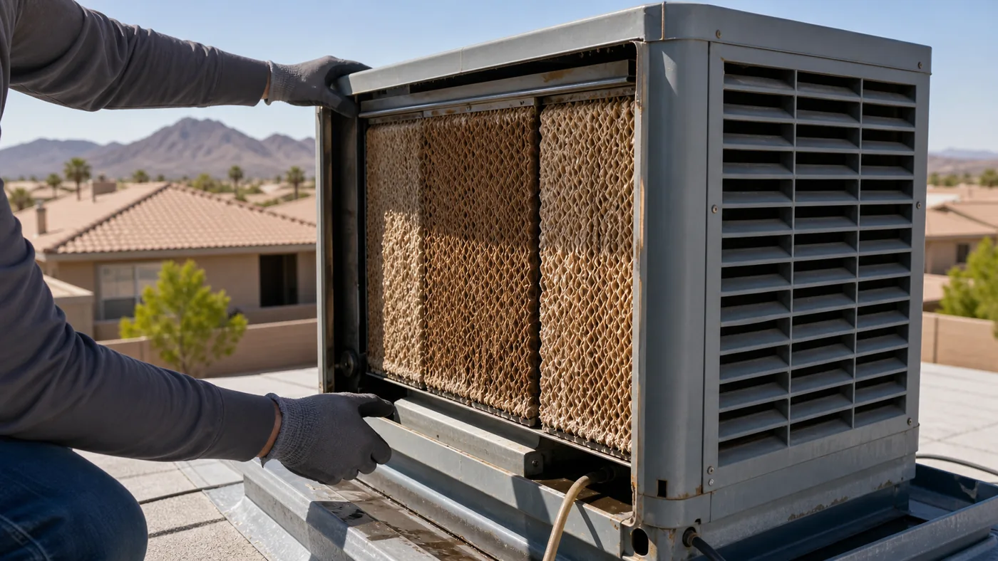Open evaporative cooler with dry pads being checked on a dry-climate rooftop