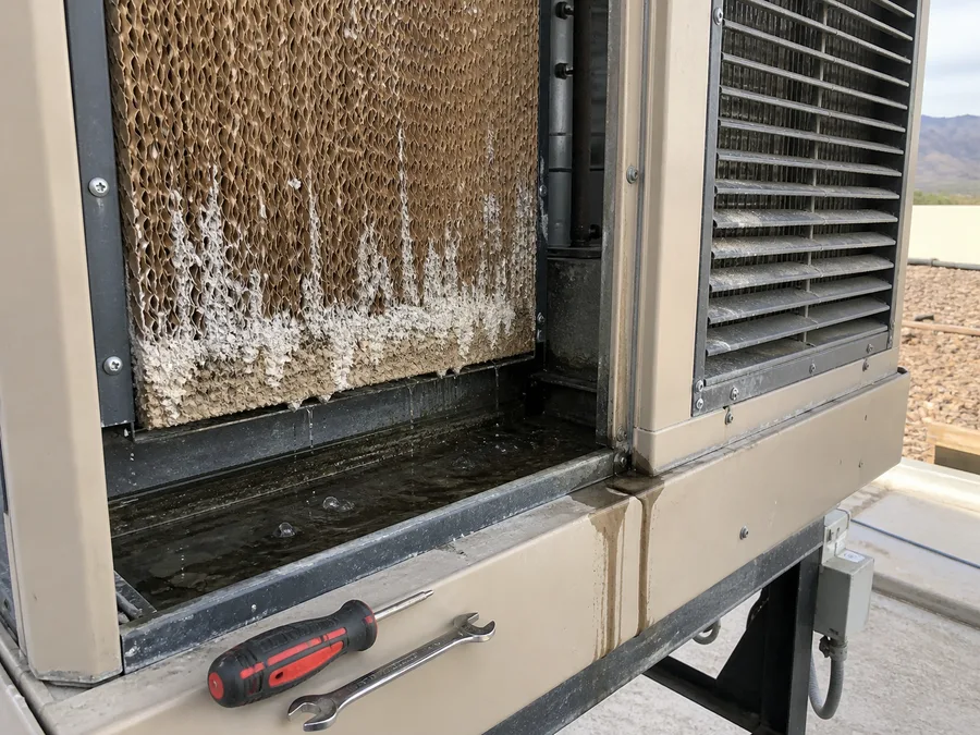 Mineral scale and water buildup inside an opened evaporative cooler